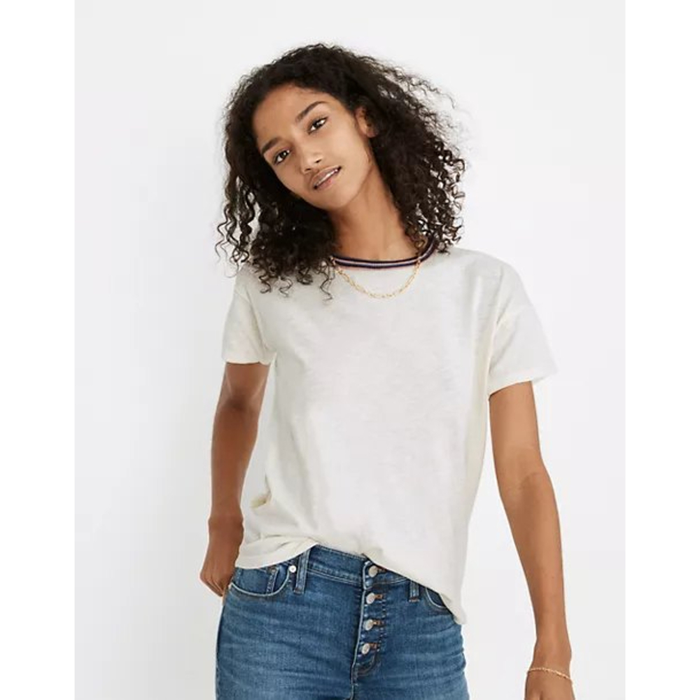 MADEWELL Whisper Cotton Striped Rib Crew Neck Ringer Tee - Size Small